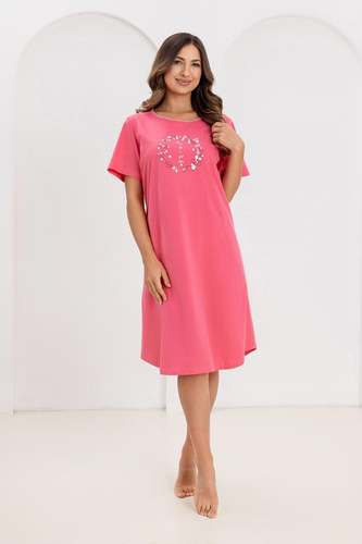 Camisón Regina 176, algodón, manga corta, medio cuello redondo, estampado rosa