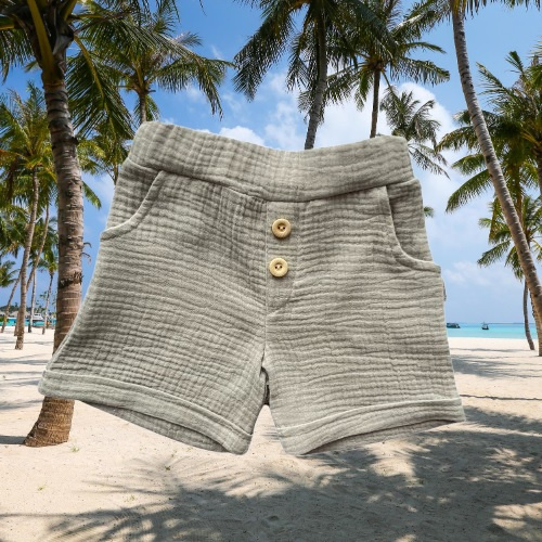 SZ55307 Mamatti pantalones cortos de muselina gris con bolsillos y botones para verano