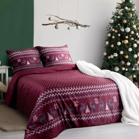 Matt Ropa de cama de Navidad de microfibra Eurofirany granate - decorada con un estampado de estilo escandinavo