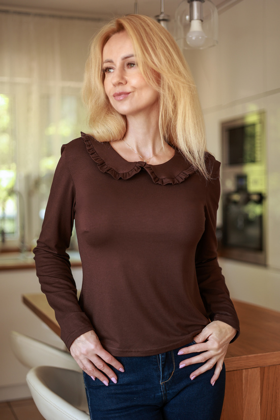 Mirale Anna Blusa de viscosa para mujer con volante y cuello - marrón