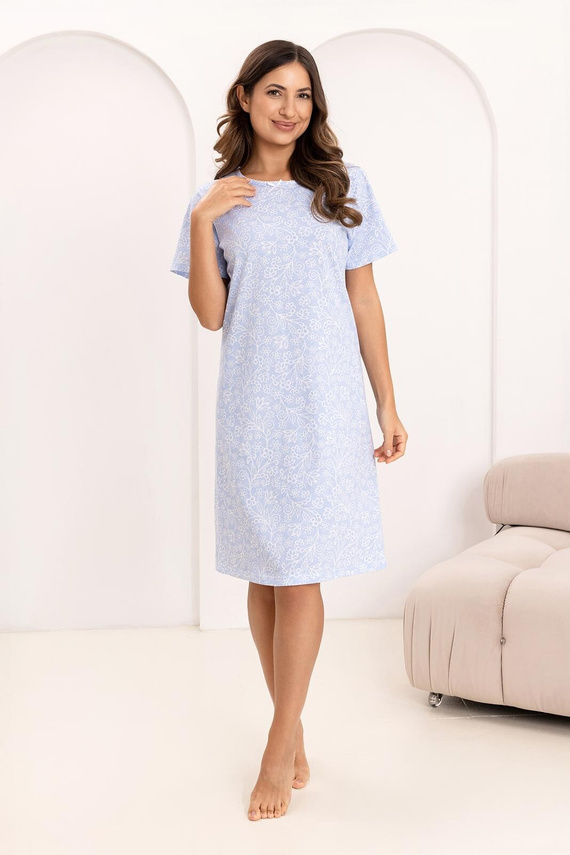 169 Camisón Regina azul - algodón, diseño floral, escote semicircular