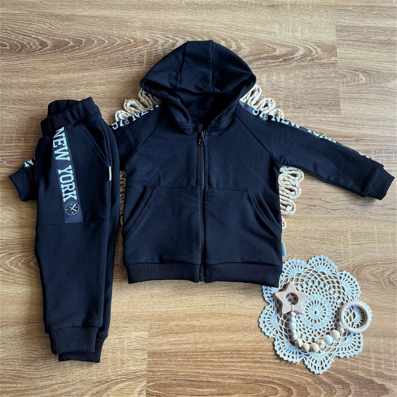 Mamatti DR2141 Chándal infantil de algodón negro Sudadera con cremallera Pantalones con bolsillos