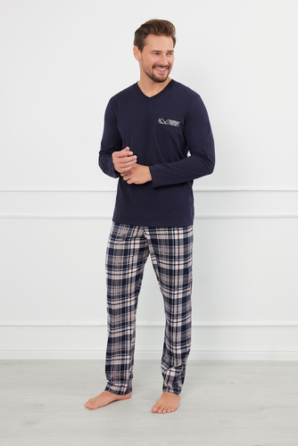 Edwin Pijama hombre manga larga, pantalón largo Moda Italiana - azul marino/estampado
