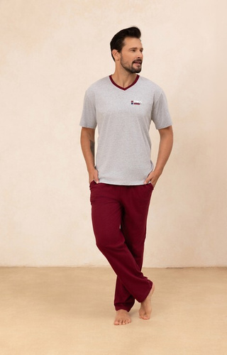 498 Pijama hombre de algodón gris Regina - Camiseta cuello pico + pantalón largo