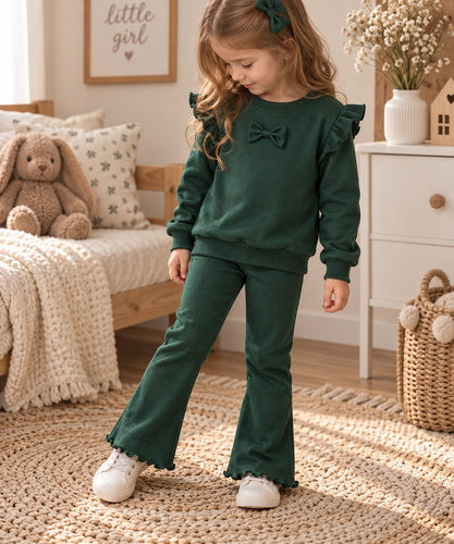 Mamatti DR719 chándal de niña de algodón verde sudadera con lazo leggings campana