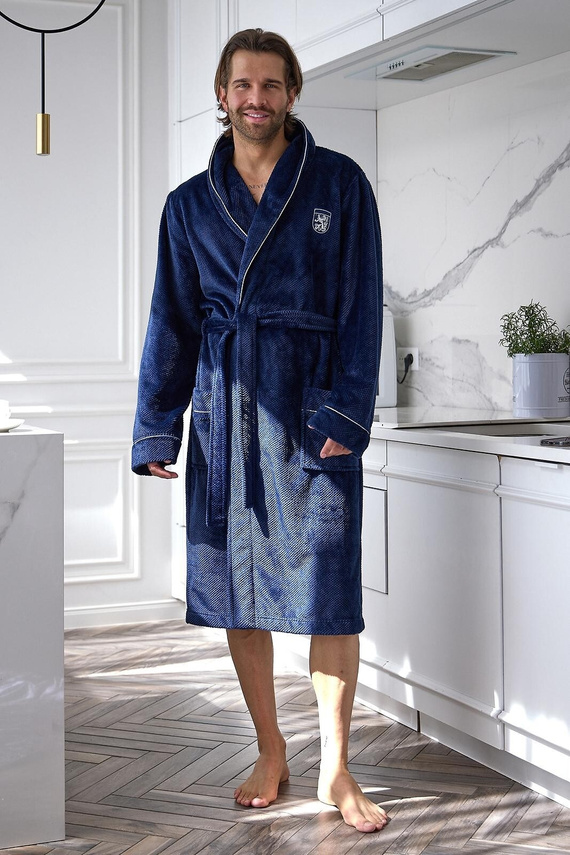 L&L 2661 Elegante Bata de Hombre Clásica con Cuello Chal Suave azul marino