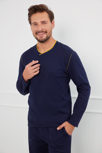 Ludwik Pijama de manga larga para hombre, pantalón largo Moda Italiana - azul marino