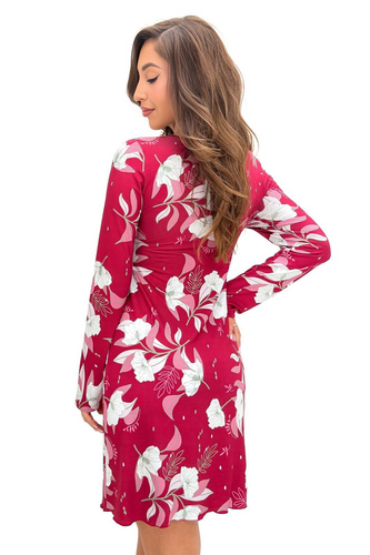 Camisón Donna Brigitte II burdeos de viscosa con encaje y manga larga