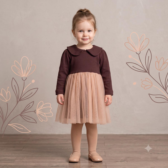 226167 Nicol HANIA Vestido con tul beige marrón manga larga para niña