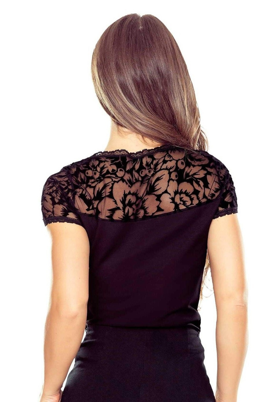 Elegante blusa de mujer Toshi Eldar negra | Estampado flocado, viscosa elástica, manga corta | Ideal para cualquier ocasión