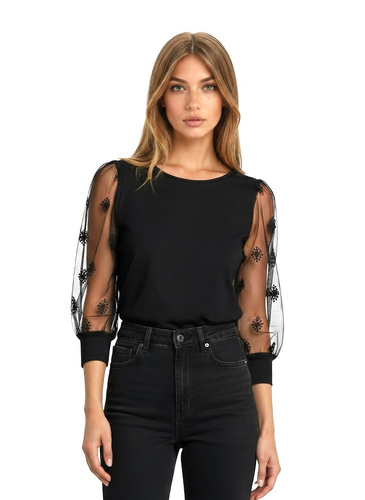 Elegante blusa de mujer Teria 3/4 Eldar negra- viscosa, mangas buff, tul bordado, escote redondo, ribeteado