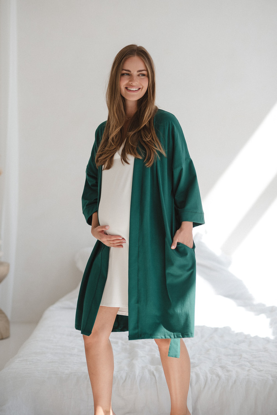 Milk&Love bata de maternidad verde botella - algodón con elastano, cómoda, manga 7/8