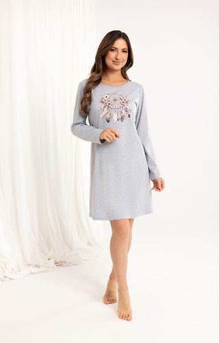 162 Camisón de algodón Regina gris - manga larga, estampado, por debajo de la rodilla