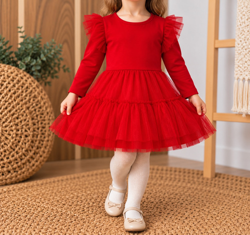 Vestido para niña mamatti SK614 elegante con mangas globo y goma brillante rojo