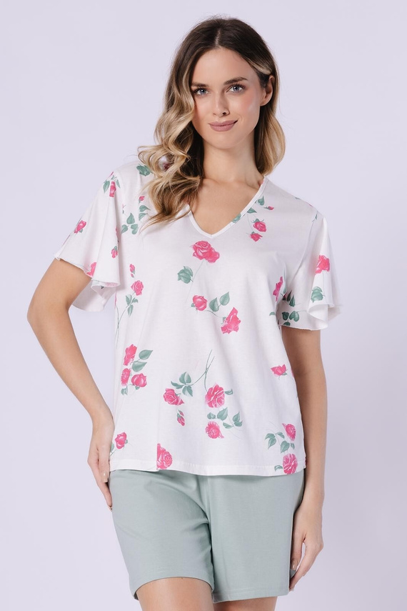 Vivian Leveza pijama de algodón para mujer 1725 crema - pijama ligero para el verano, camisa mariposa + pantalón corto